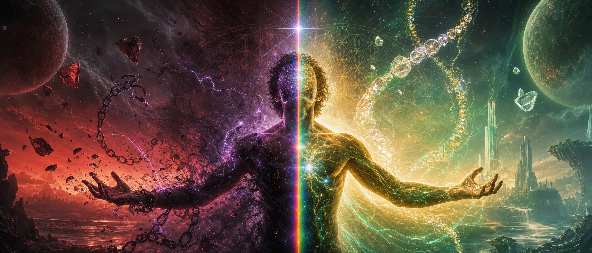 The Two Realities — Stolen ID frequency on the left, True Cosmic Identity on the right